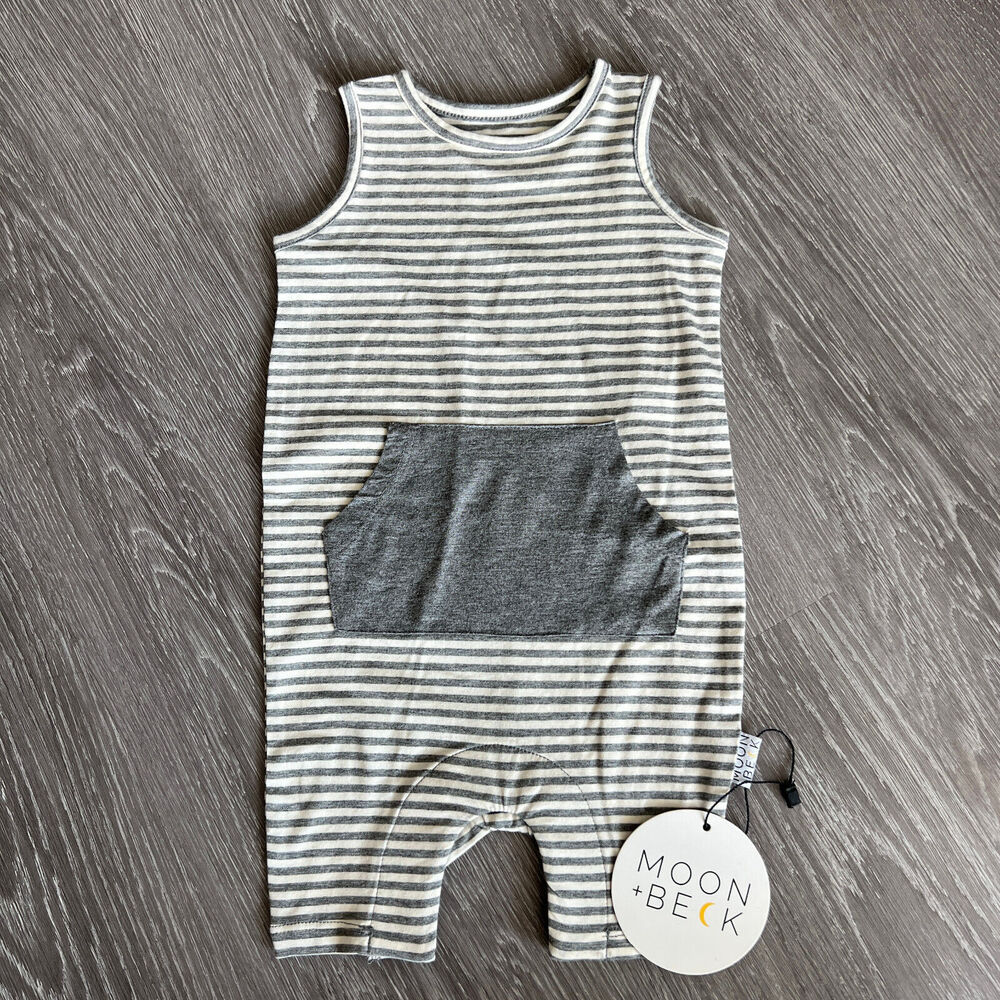Moon + Beck Romper Kids 0-3 Months White Gray Striped Sleeveless